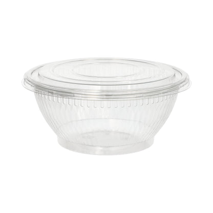 Pokrywki Starpak 50 do misek na sałatki to przezroczyste, okrągłe pokrywki R-PET (Ø 18 cm, wysokość 1,5 cm) do bezpiecznego przechowywania. Dostarczane są w opakowaniu po 50 sztuk i są przedstawione na prostym białym tle.