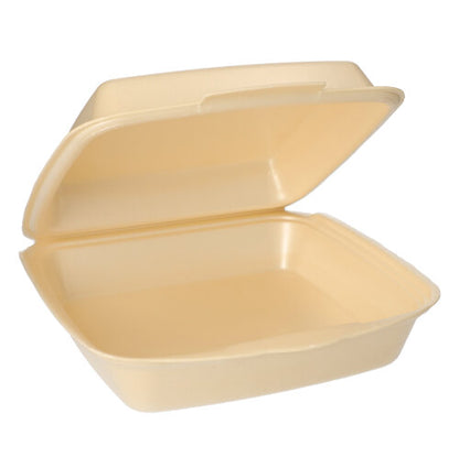 Beżowy, prostokątny pojemnik Starpak 50 z pokrywką na wynos jest otwarty i pusty, ukazując swoje gładkie wnętrze z pokrywką zamontowaną z tyłu.