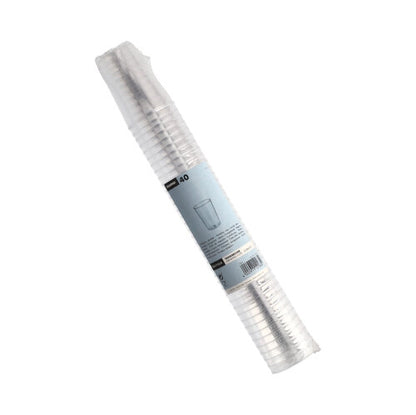 Ein durchsichtiger Stapel mit 40 Starpak Trinkbechern (PS, 0,1 L, Ø5,5 x 7,5 cm), glasklar und in Schrumpffolie mit blauem Etikett verpackt – ideal für Partys und Events.