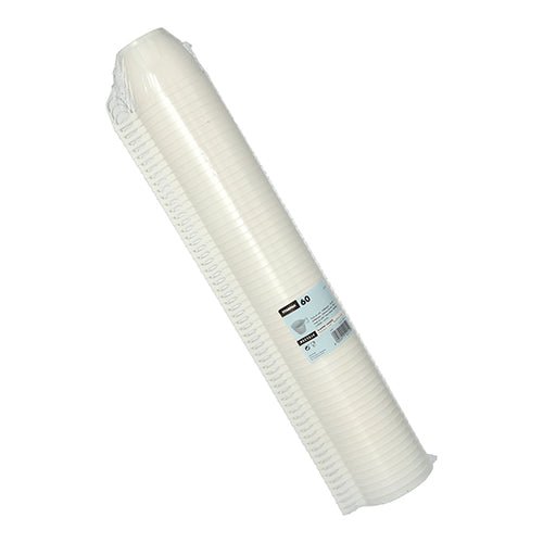 Przedstawiony jest stos 60 białych filiżanek Starpak do kawy (PS, 0,18 l, Ø7,8 cm, 6 cm) owiniętych w folię termokurczliwą z etykietą produktu, na której wyświetlane są szczegóły i ilość na białym tle.