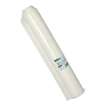 Przedstawiony jest stos 60 białych filiżanek Starpak do kawy (PS, 0,18 l, Ø7,8 cm, 6 cm) owiniętych w folię termokurczliwą z etykietą produktu, na której wyświetlane są szczegóły i ilość na białym tle.