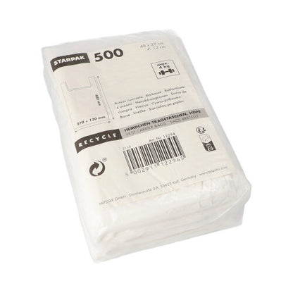 Przezroczyste plastikowe opakowanie z 500 białymi torebkami na koszule Starpak (HDPE, 48 x 27 x 12 cm), oznaczone symbolami recyklingu i kodem kreskowym. Idealne na lekkie przedmioty; szczegóły produktu znajdują się na przedniej stronie.