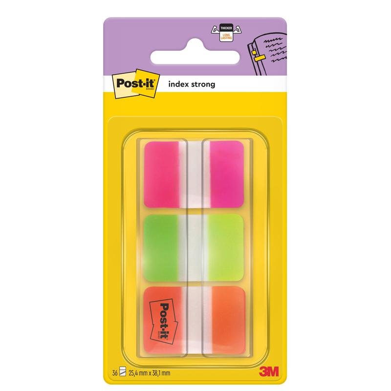 Opakowanie zakładek indeksujących Post-it® Index Strong od 3M Deutschland GmbH zawiera 36 różowych i zielonych zakładek (25,4 x 38,1 mm) w dozowniku do organizacji dokumentów. 1 dozownik na opakowanie.