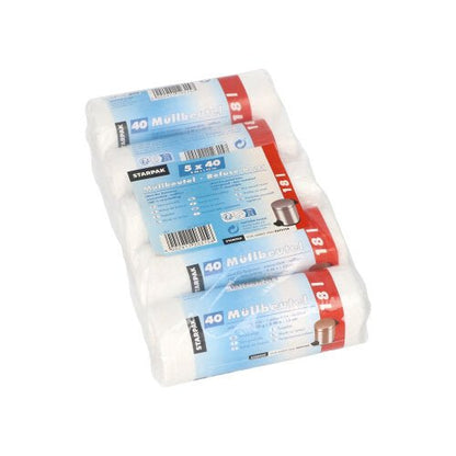 Na stosie znajdują się cztery rolki białych worków na śmieci Starpak 40 (HDPE, 18L, 52x46 cm), każda z niebiesko-czerwonym niemieckim opakowaniem, które pokazuje srebrny kosz na śmieci, oznaczone napisem „40 worków na śmieci” i wykonane z wytrzymałego materiału HDPE.