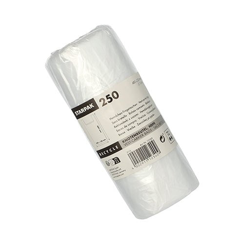 Rolka z 250 przezroczystymi torbami HDPE Starpak (48 x 22 x 12 cm) w folii termokurczliwej, z beżowo-czarną etykietą zawierającą nazwę marki, ilość, kod kreskowy i informacje o recyklingu.