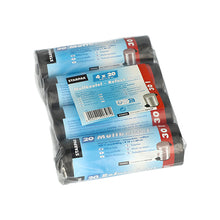 Vier Rollen Starpak 80 Müllbeutel, 30 l graue LDPE-Müllsäcke (60 cm x 50 cm, 80 Stück) in durchsichtiger Verpackung mit blauen und roten mehrsprachigen Etiketten und einem Mülltonnenbild auf der Vorderseite.