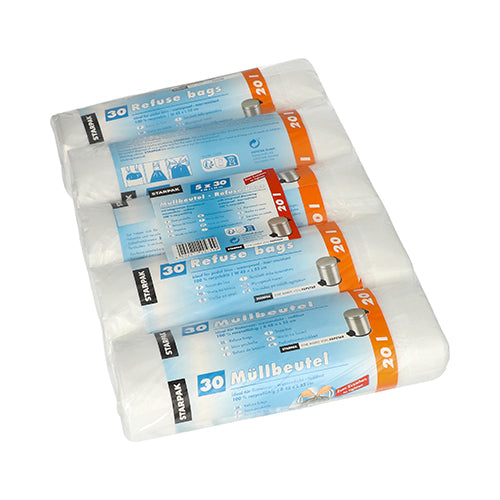 Vier Rollen Starpak 150 Müllbeutel mit Zugband, HDPE 20L (55x48cm) transparent, sind übereinander gestapelt. Das blau-weiße Etikett jeder Rolle zeigt „150 Stück“, Mülleimerbilder, Gebrauchshinweise und weist auf die hygienische Abfallentsorgung hin.