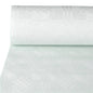 Zbliżenie na PAPSTAR GmbH papierowy obrus z tłoczeniem damasceńskim, 100 m x 1 m, biały | Folia (1 rolka), ukazuje subtelny geometryczny wzór damasceński na białej powierzchni.
