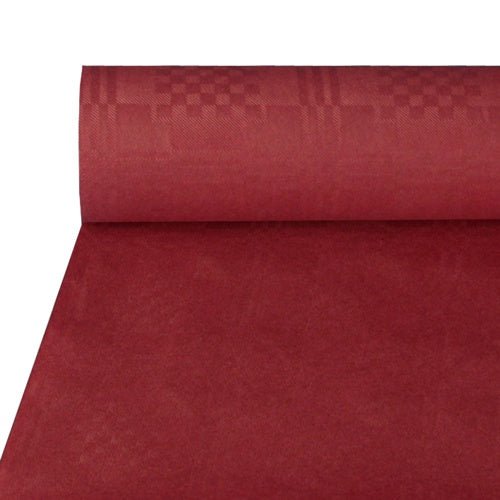 Papierowy obrus z wytłoczonym wzorem adamaszku (50 m x 1 m) firmy PAPSTAR Tkanina typu GmbH w kolorze czerwonym z subtelnym wzorem w kratkę jest częściowo rozłożona i prezentowana na płasko – idealna na uroczyste okazje.