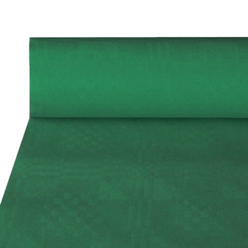 Częściowo rozwinięty PAPSTAR Papierowy obrus z wytłoczonym wzorem adamaszku (50 m x 1 m) firmy PAPSTAR GmbH prezentuje swój elegancki wzór, idealny na uroczyste okazje oraz do ekskluzywnej dekoracji stołu.