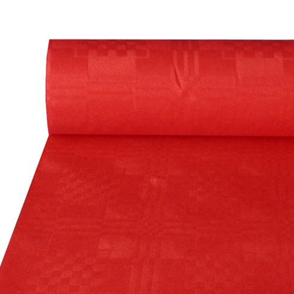 Papierowy obrus z wytłoczonym wzorem adamaszku (50 m x 1 m) firmy PAPSTAR GmbH charakteryzuje się czerwoną, teksturowaną powierzchnią o subtelnym geometrycznym wzorze, idealną na uroczyste okazje, którą można z łatwością rozłożyć na stołach.