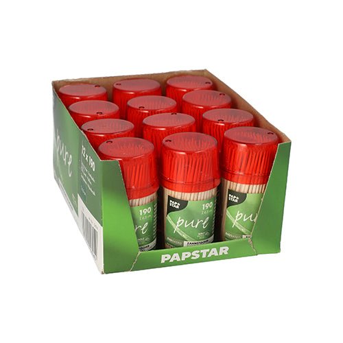Dozownik mieści 190 PAPSTAR okrągłych drewnianych wykałaczek "pure" (6,5 cm) od PAPSTAR GmbH - idealny do połączenia z Twoimi ulubionymi przyprawami na przyjęciach.