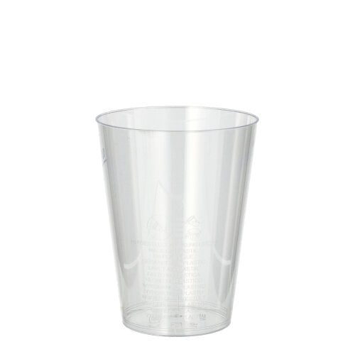 Przezroczysty i pusty kubek Starpak 10 z PS (0,2 l, Ø 7,5 cm, 9,7 cm) stoi na białym tle. Przezroczysty kubek pokazuje delikatne oznaczenia powierzchni.