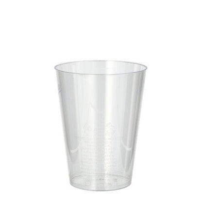 Przezroczysty i pusty kubek Starpak 10 z PS (0,2 l, Ø 7,5 cm, 9,7 cm) stoi na białym tle. Przezroczysty kubek pokazuje delikatne oznaczenia powierzchni.