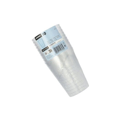 Opakowanie z 10 przezroczystymi jednorazowymi kubkami Starpak z tworzywa sztucznego (PS, 0,2 l, Ø 7,5 cm x 9,7 cm) jest zapakowane w folię termokurczliwą i oznaczone niebiesko-białą etykietą z informacjami o produkcie i kodem kreskowym.