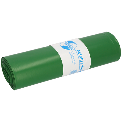 Eine aufgerollte DEISS Müllsäcke 575x1000x0,06 mm aus Recycling-LDPE 70 l von EMIL DEISS KG (GmbH + Co.) mit einem weiß-blauen Etikett mit Text und Grafik, sauber platziert auf einem schlichten weißen Hintergrund.