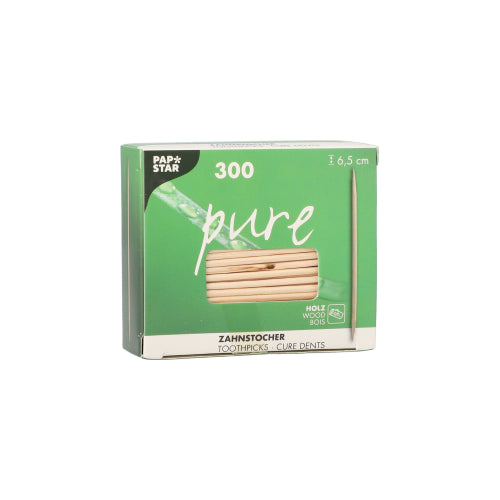 Zielono-biała puszka PAPSTAR wykałaczek drewnianych "pure" okrągłych, 6,5 cm od PAPSTAR GmbH ma okienko i zawiera 300 wykałaczek w ochronnym opakowaniu foliowym - idealne do codziennego użytku.
