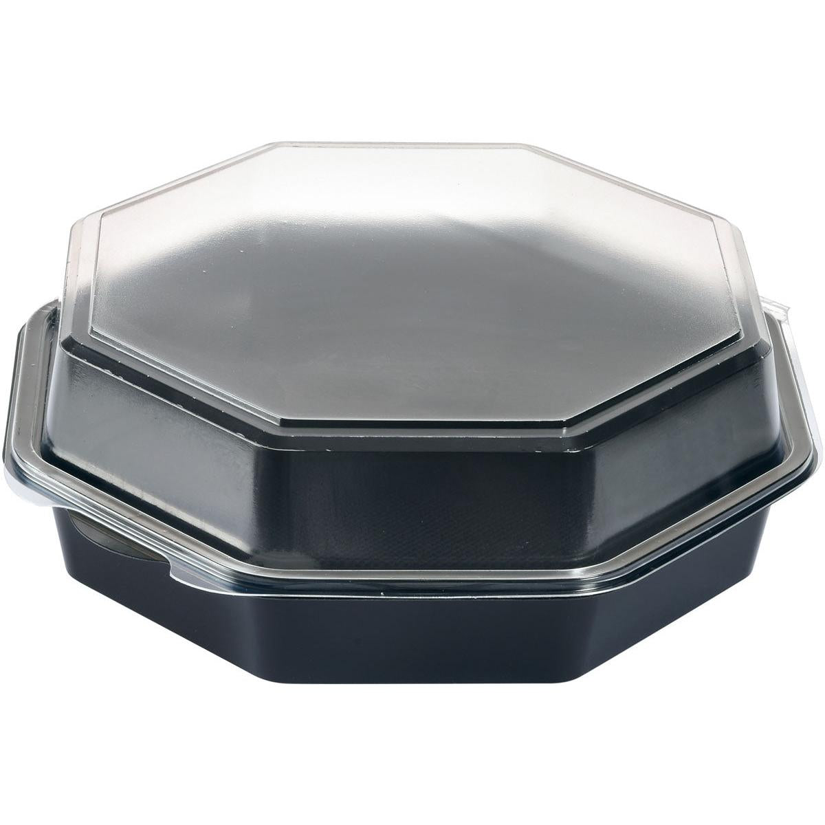 Pudełko Duni GmbH Octaview® Czarny/Przezroczysty 230x230x80 mm (Opakowanie 180 sztuk) z przezroczystą pokrywką jest pokazane z lekko podwyższonego kąta na białym tle - idealne jako przezroczyste pudełko do przechowywania lub prezentacji świeżej żywności.