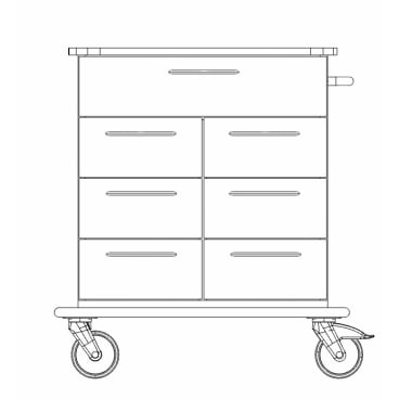 Strichzeichnung des Novocal Verbandwagens (PAW6700-T) Vollkunststoffwagens mit sechs Schubladen, rechtsseitigem Griff, zwei großen vorderen Rollen und zwei kleinen hinteren Rollen. Konzipiert für den medizinischen Gebrauch. Marke: Novocal.