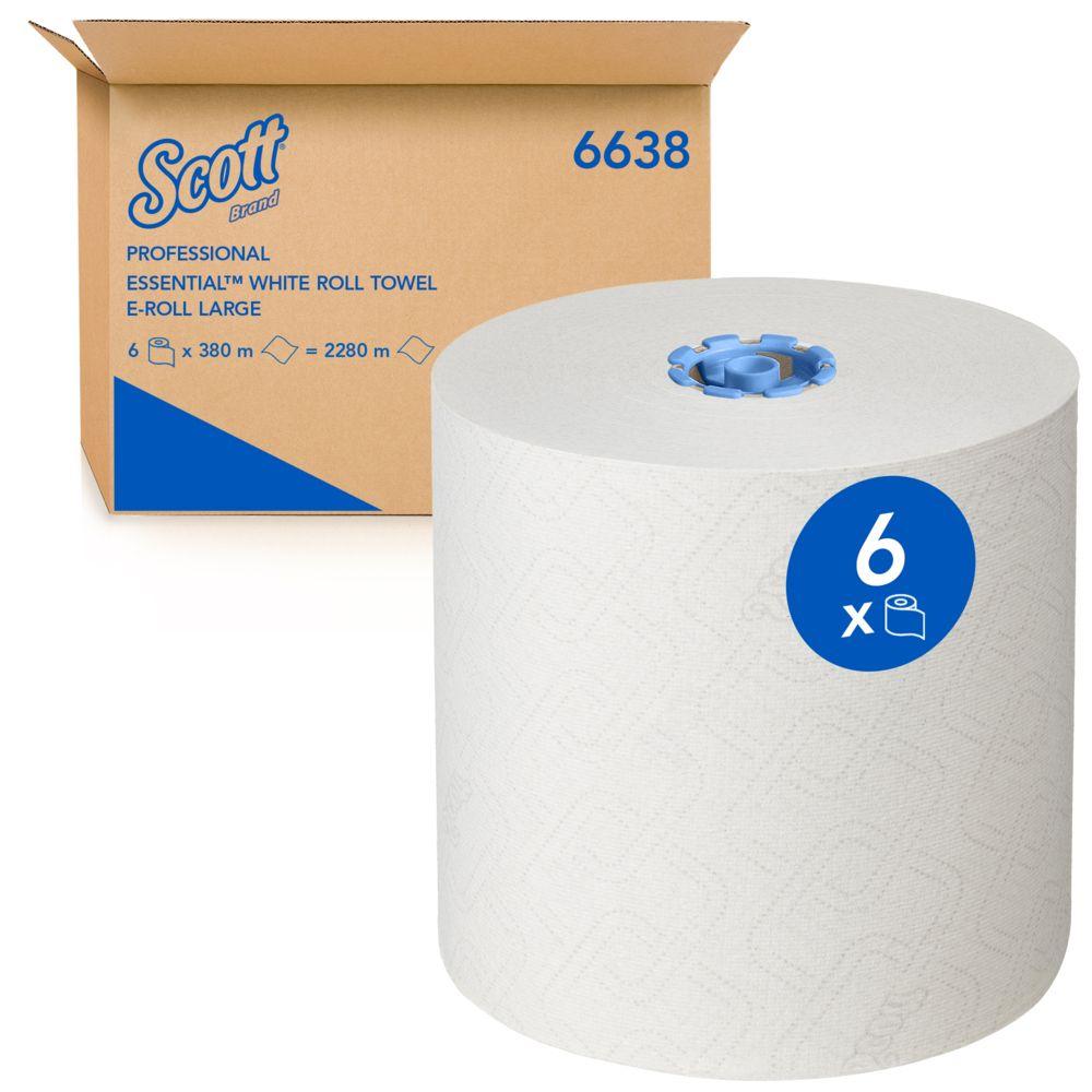 Duża biała rolka ręczników Scott® Essential™ 6638 od Kimberly-Clark GmbH z niebieską etykietą "6" stoi przed brązowym kartonem z napisem "Professional Essential White Roll Towel" i "6638".