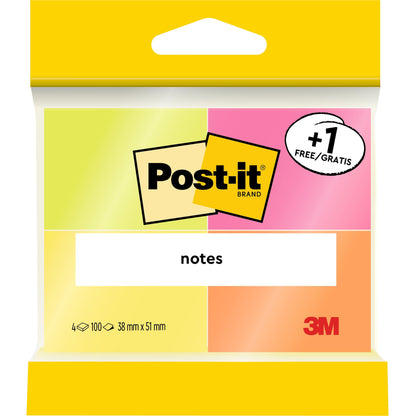 Opakowanie karteczek samoprzylepnych Post-it®, 38x51 mm, w różnych neonowych kolorach od 3M Deutschland GmbH; zawiera 3 bloki po 100 arkuszy plus 1 gratis, wykonane w 100% z papieru z certyfikatem PEFC (SGSCH-PEFC-COC-110078), oferta promocyjna.
