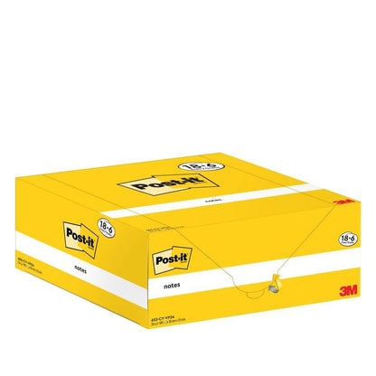 Żółte pudełko karteczek Post-it® firmy 3M Deutschland GmbH zawiera 18 bloków plus 6 darmowych bloków (38 × 51 mm, 100 arkuszy/blok), w opakowaniu kartonowym. Produkt jest certyfikowany przez PEFC (SGSCH-PEFC-COC-110078).