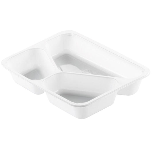 Die CPET-Schale 225x175 mm, Weiß von Duni GmbH mit drei Fächern ist eine temperaturbeständige Lebensmittelverpackung (Packung: 300 Stück) und wird leer vor weißem Hintergrund präsentiert.