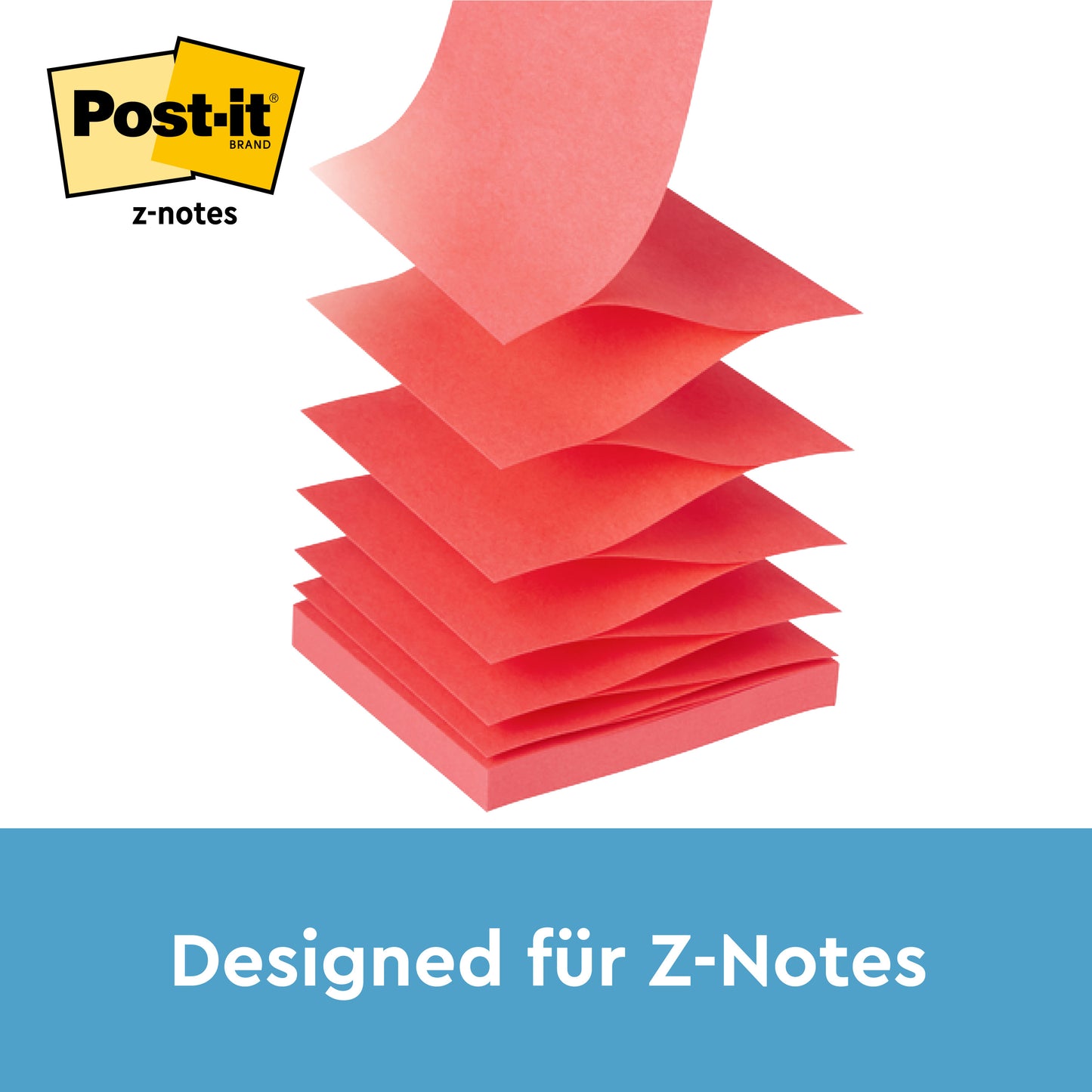Stos żółtych Post-it® Super Sticky Z-Notes (76 x 76 mm, 90 arkuszy), przedstawiony w czarnym dyspenserze PRO firmy 3M Deutschland GmbH. Logo Post-it® pojawia się w lewym górnym rogu, a "Designed for Z-Notes" jest na dole na niebieskim tle.