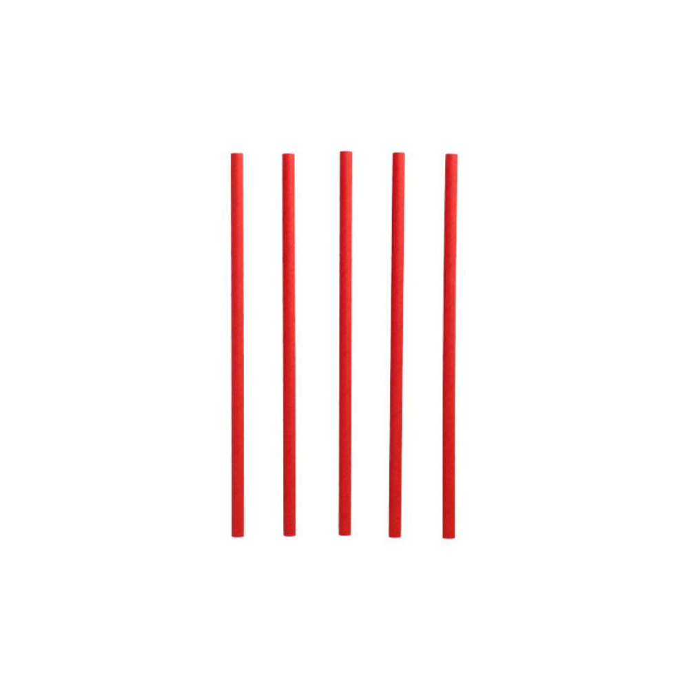Pięć czerwonych PAPSTAR papierowych słomek do shake'ów, znanych ze swojej przyjazności dla środowiska, jest ustawionych pionowo na prostym białym tle.