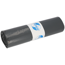 Eine Rolle EMIL DEISS KG (GmbH + Co.) DEISS 14007 - 700x1100x0,07 mm grau Müllsäcke (25 Stück), verpackt in einem weißen Papieretikett mit blauer Schrift und Grafik, wird auf einem einfarbig weißen Hintergrund dargestellt.