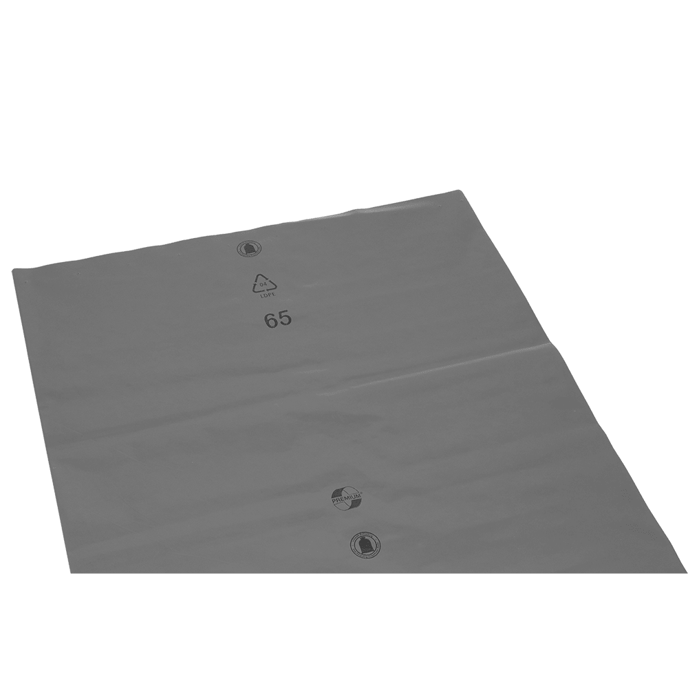 Płaska, szara płyta z tworzywa sztucznego DEISS 14101 (700x1100x0,1 mm) firmy EMIL DEISS KG (GmbH + Co.) z trzema symbolami koła i kodem recyklingu "LDPE 4 65" w czarnym kolorze jest zazwyczaj używana do opakowań lub jako materiał ochronny do wysyłki.