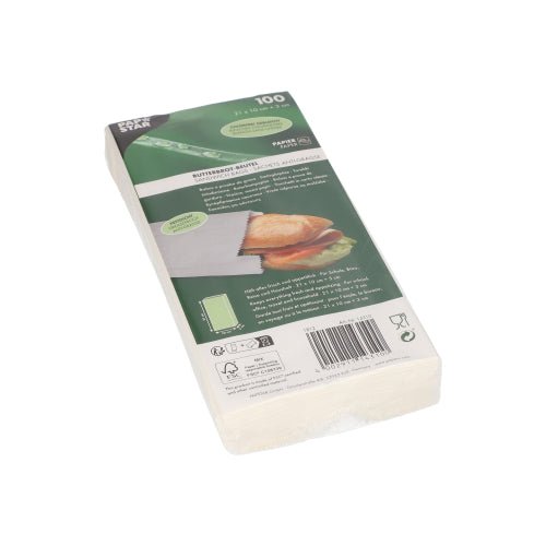 Zapieczętowane opakowanie PAPSTAR torebek na kanapki odpornych na tłuszcz, 21x10x3 cm, białe (100 sztuk) od PAPSTAR GmbH, z etykietą z przodu zawierającą informacje o produkcie, kod kreskowy i ilustrację kanapki w folii termokurczliwej.
