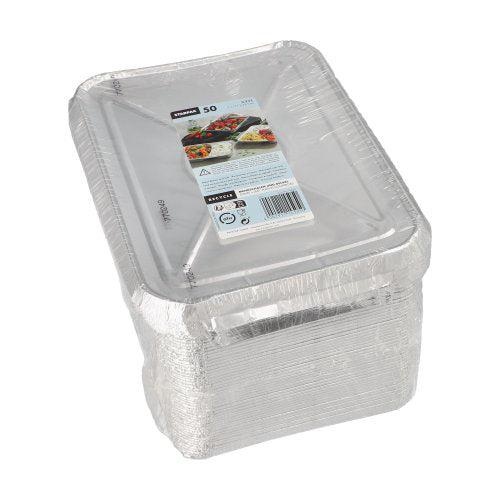 Stos Starpak 50 tace na posiłki + pokrywki, aluminium w opakowaniu z przezroczystymi pokrywkami; etykieta pokazuje branding Starpak i zdjęcia aluminiowych tac używanych do żywności – idealne dla branży gastronomicznej.