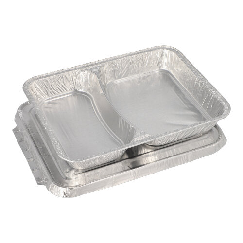 Zestaw Starpak 50 tace na posiłki + pokrywki, aluminium zawiera podzielone i niepodzielone błyszczące tace aluminiowe z podwyższonymi krawędziami, idealne do obsługi gastronomicznej.