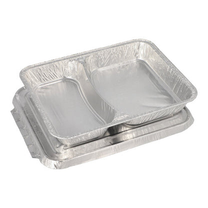 Zestaw Starpak 50 tace na posiłki + pokrywki, aluminium zawiera podzielone i niepodzielone błyszczące tace aluminiowe z podwyższonymi krawędziami, idealne do obsługi gastronomicznej.