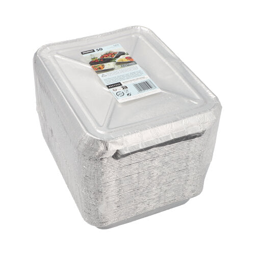 Stos Starpak 50 tace na posiłki + pokrywki, aluminium od Starpak jest zapakowany w plastik i oznaczony etykietą produktu – idealne dla branży gastronomicznej.