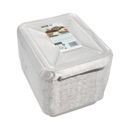 Stos Starpak 50 tace na posiłki + pokrywki, aluminium od Starpak jest zapakowany w plastik i oznaczony etykietą produktu – idealne dla branży gastronomicznej.