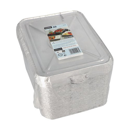Stos Starpak 50 tace na posiłki + pokrywki, aluminium – prostokątne tace aluminiowe z przezroczystymi pokrywkami, owinięte w plastik i oznaczone zdjęciami i informacjami o żywności – idealne do użycia jako tace na posiłki w branży gastronomicznej.