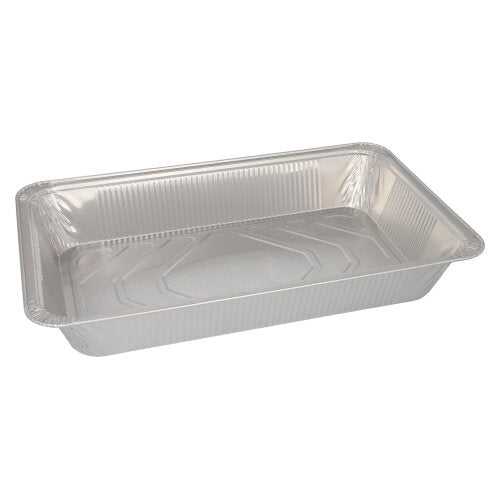 Prostokątny pojemnik Starpak 3 Gastronorm, jednorazowa forma do pieczenia z aluminium (8,5 l, 8 cm x 32,6 cm x 52,7 cm), pusty z podwyższonymi krawędziami i płaskim dnem na prostym białym tle.
