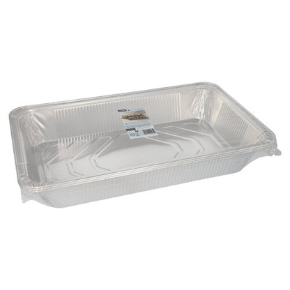 Pojemnik Starpak 3 Gastronorm to prostokątny jednorazowy pojemnik z folii aluminiowej (8,5 l, 8 cm x 32,6 cm x 52,7 cm) z podwyższoną krawędzią i etykietą produktu wewnątrz, wyświetlany pusty na prostym białym tle (3 sztuki, zgrzewane).