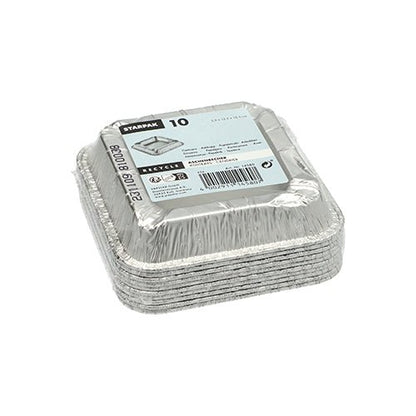 Stos 10 aluminiowych popielniczek Starpak (kwadratowe, 2,2x12,5x12,5 cm) jest oszczędnie zapakowany w folię termokurczliwą z etykietą produktu (marka, ilość, kod kreskowy i symbol recyklingu) – idealne jako praktyczne akcesorium dla palaczy.