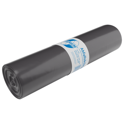 Abgebildet ist ein eng gerollter schwarzer DEISS Müllsack 575x1000x0,06 mm aus Recycling-LDPE 70 l der EMIL DEISS KG (GmbH + Co.) mit weiß-blauem deutschem Etikett auf weißem Grund.