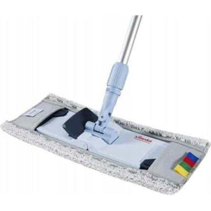 Mop Vileda Professional CombiSpeed Pro r-MicroLite Max (40 lub 50 cm) firmy Vileda GmbH ma prostokątną głowicę z kolorowymi zakładkami (żółty, zielony, niebieski, czerwony) i zdejmowaną nakładkę z mikrofibry do wszechstronnego czyszczenia.