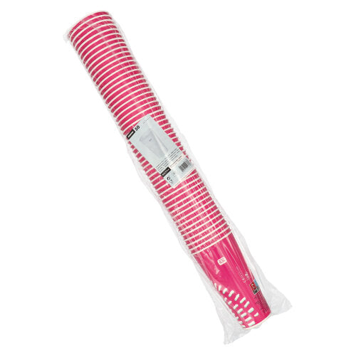 Zapieczętowane opakowanie z 50 różowymi papierowymi kubkami Starpak (0,5 l, Ø 8,97 cm, 16,83 cm) do zimnych napojów, idealne na imprezy, z etykietą produktową na zewnętrznej folii opakowania.