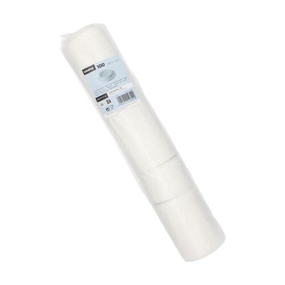 Zapieczętowane opakowanie z tworzywa sztucznego zawierające 100 białych pokrywek Starpak „To Go“ (PS, okrągłe), przedstawione pod kątem z widoczną etykietą produktu – idealne na gorące napoje w podróży. Marka: Starpak.