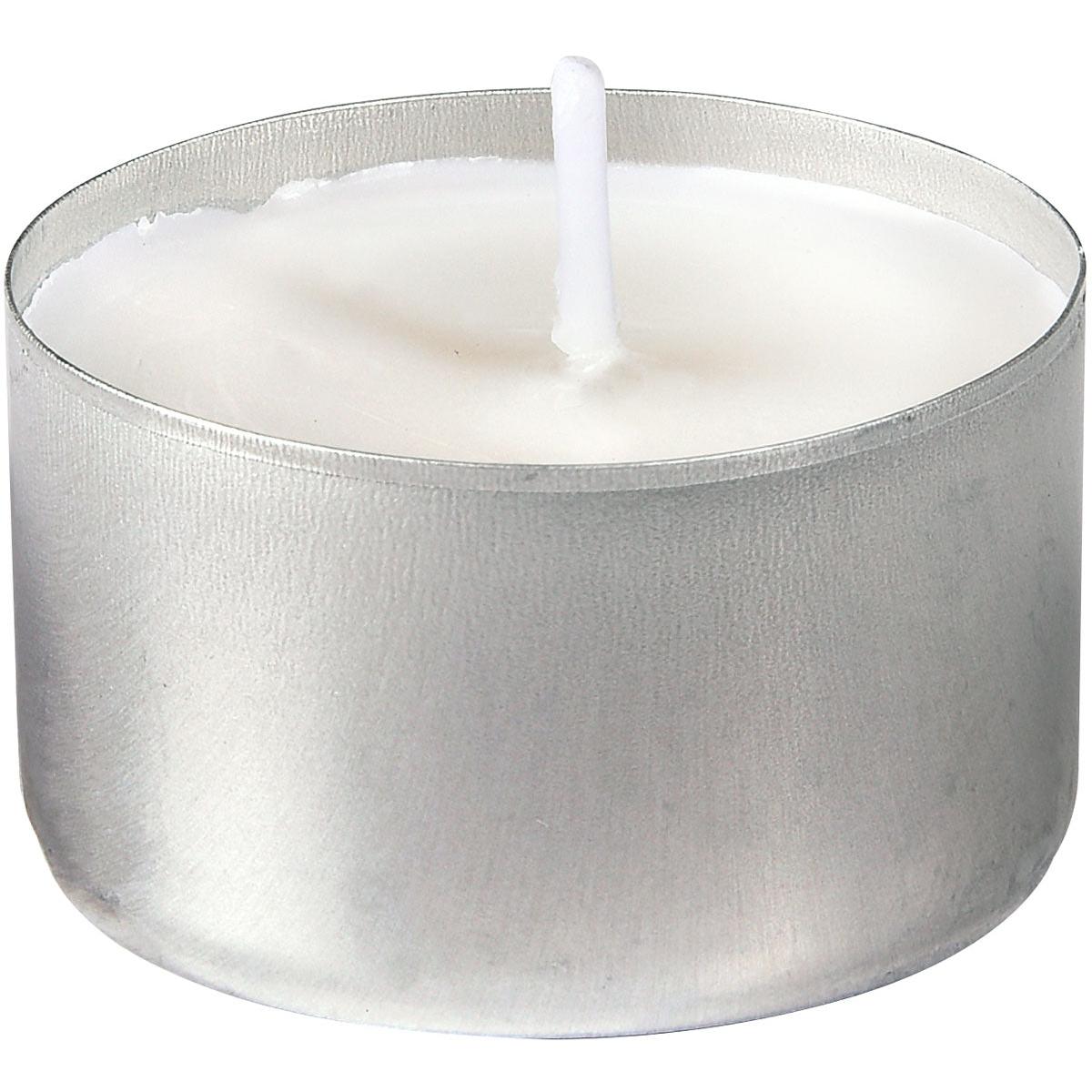 Biała świeczka tealight (Ø39 mm) firmy Duni GmbH w okrągłym srebrnym uchwycie, nieoświetlona, na białym tle. Ten duży zestaw 300 sztuk oferuje 300 świeczek, każda o czasie palenia do 6 godzin - idealne na wydarzenia.