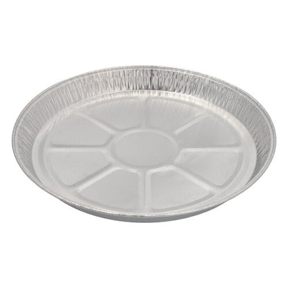 Starpak 25 Rundformen, Alu rund to okrągła, płaska forma do ciasta z aluminium z lekko podwyższonym brzegiem i segmentowanym dnem, idealna do pieczenia; przedstawiona na prostym białym tle.