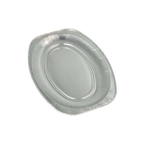 Pojedyncza, pusta, owalna taca Starpak 10 do serwowania z aluminium jest przedstawiona na prostym białym tle – idealna na bufety, catering lub wesela.