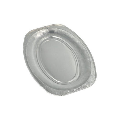 Pojedyncza, pusta, owalna taca Starpak 10 do serwowania z aluminium jest przedstawiona na prostym białym tle – idealna na bufety, catering lub wesela.