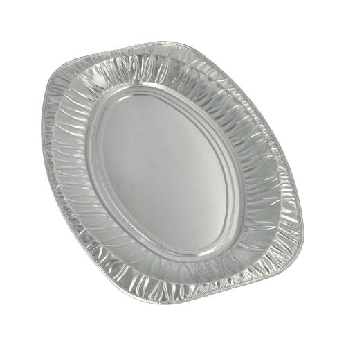 Pojedyncza, pusta taca Starpak 10 do serwowania, aluminiowa owalna od Starpak, jest prezentowana na prostym białym tle. Aluminiowa taca ma lekko podwyższony rant i falistą krawędź, idealna do cateringu lub serwowania jako owalna taca.